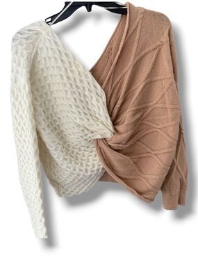 Chunky Cable Knit Cropped Tied Back Two-Tone Sweater - Cream & Taupe